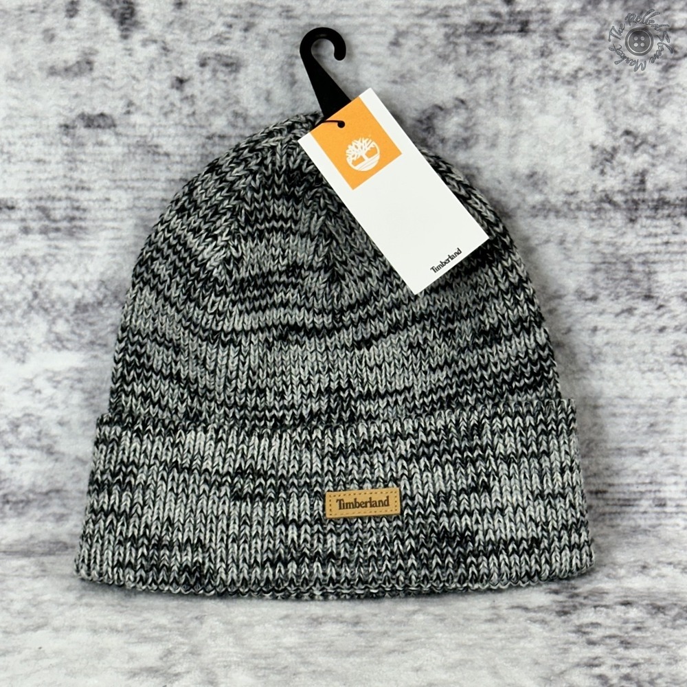 NWT Timberland Leather Patch Cuffed Beanie Hat One Size Gray Black Marled Knit